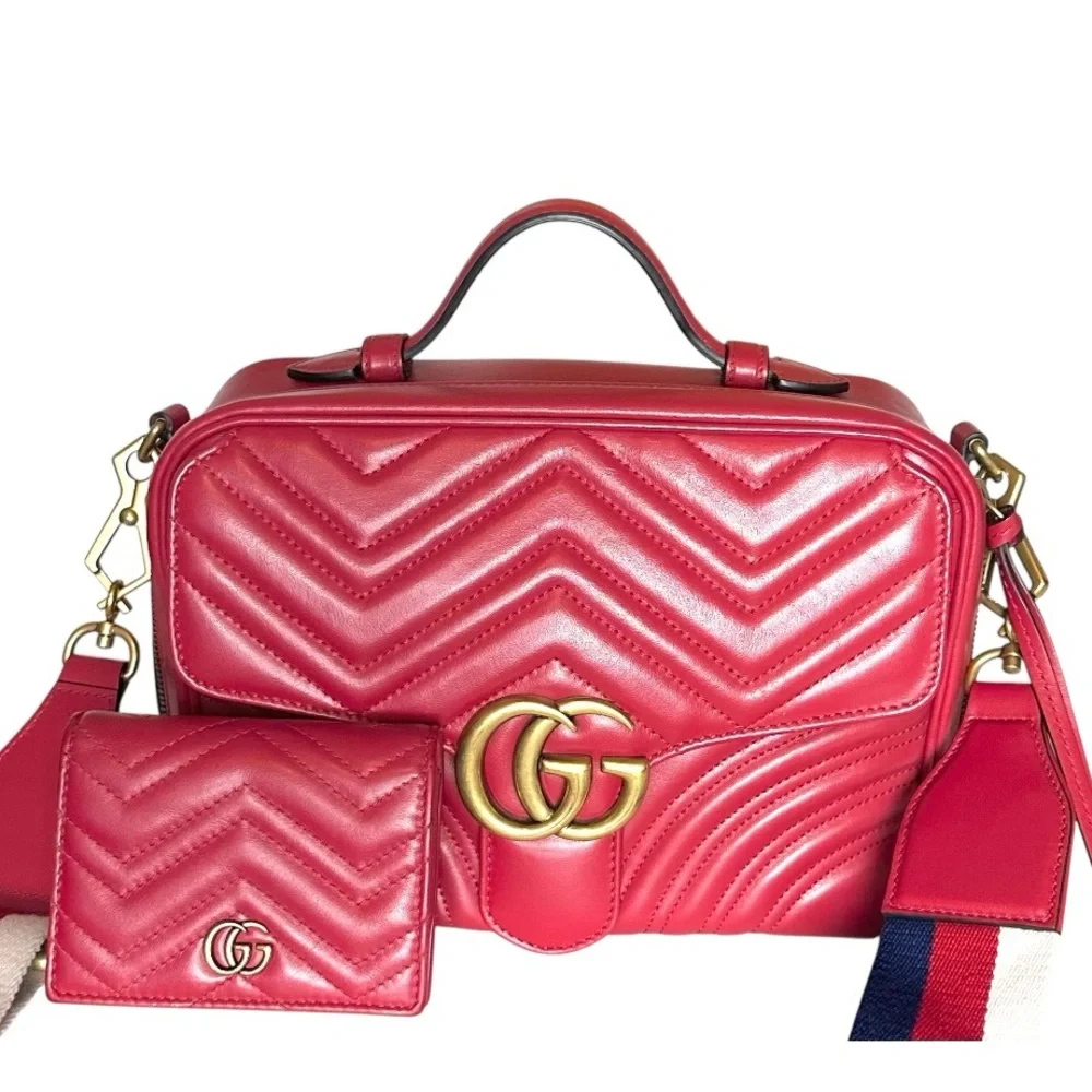 Gucci Red Quilted GG Marmont Crossbody Bag,  Leather And Guitar Straps